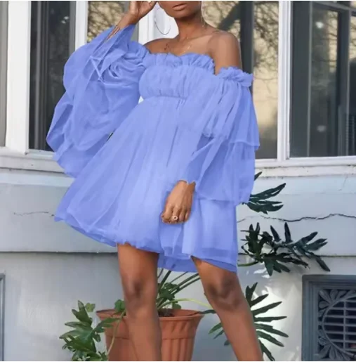 

Sexy Ruffles Womens Dress Women Wrap Solid Color Mesh Strapless Princess Beach Dresses Sheer Fashion High Waist Mesh Party