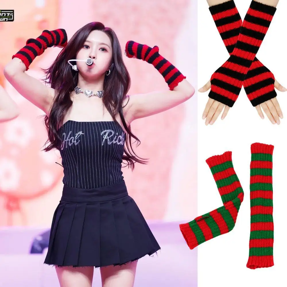 

Полосатые зимние длинные грелки для рук Готические рукава Перчатки без пальцев Вязаные женские перчатки на запястье Грелки Y2k Перчатки Манжеты на руку