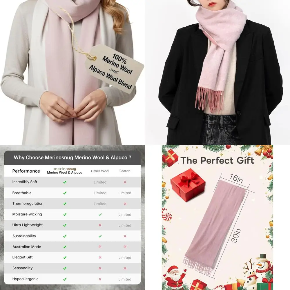 

Luxurious Women's Merino Wool & Alpaca Blend Scarf, Soft Cashmere-Like Pashmina Shawl, Perfect Holiday Gift