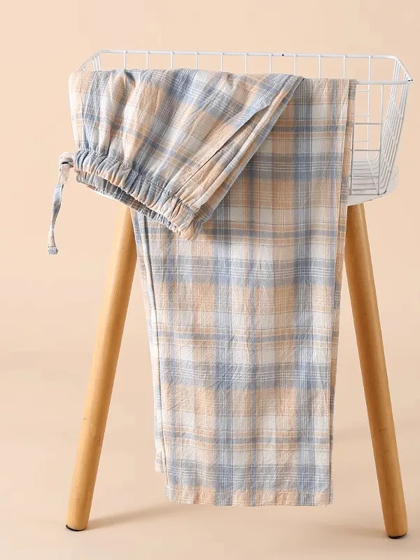 

Loose Fit Pure Cotton Sp Pants Women's Spring Summer Thin Large Size Waed Casual Plaid Home Pants Can Be Worn outside