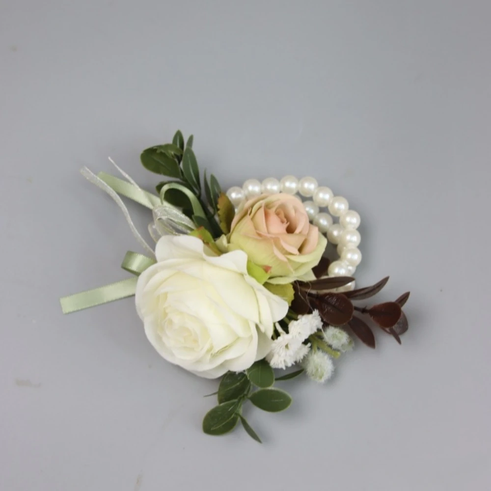 Мужские бутоньерки цвета слоновой кости, зеленые листья, жемчужный корсаж на запястье, свадебная вечеринка, аксессуары Boda Fiesta