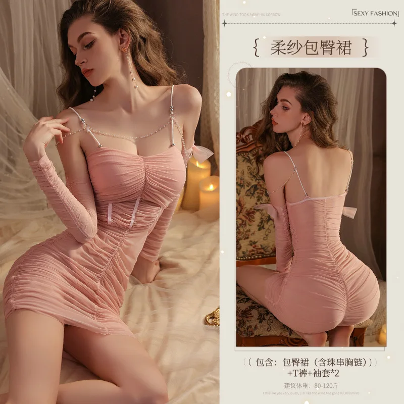 Underwear New Sexy Hanging Strap Mature Charm Elegant Wrap Hip Transparent Soft Yarn With Chest Cushion Chest Chain Dress 9193