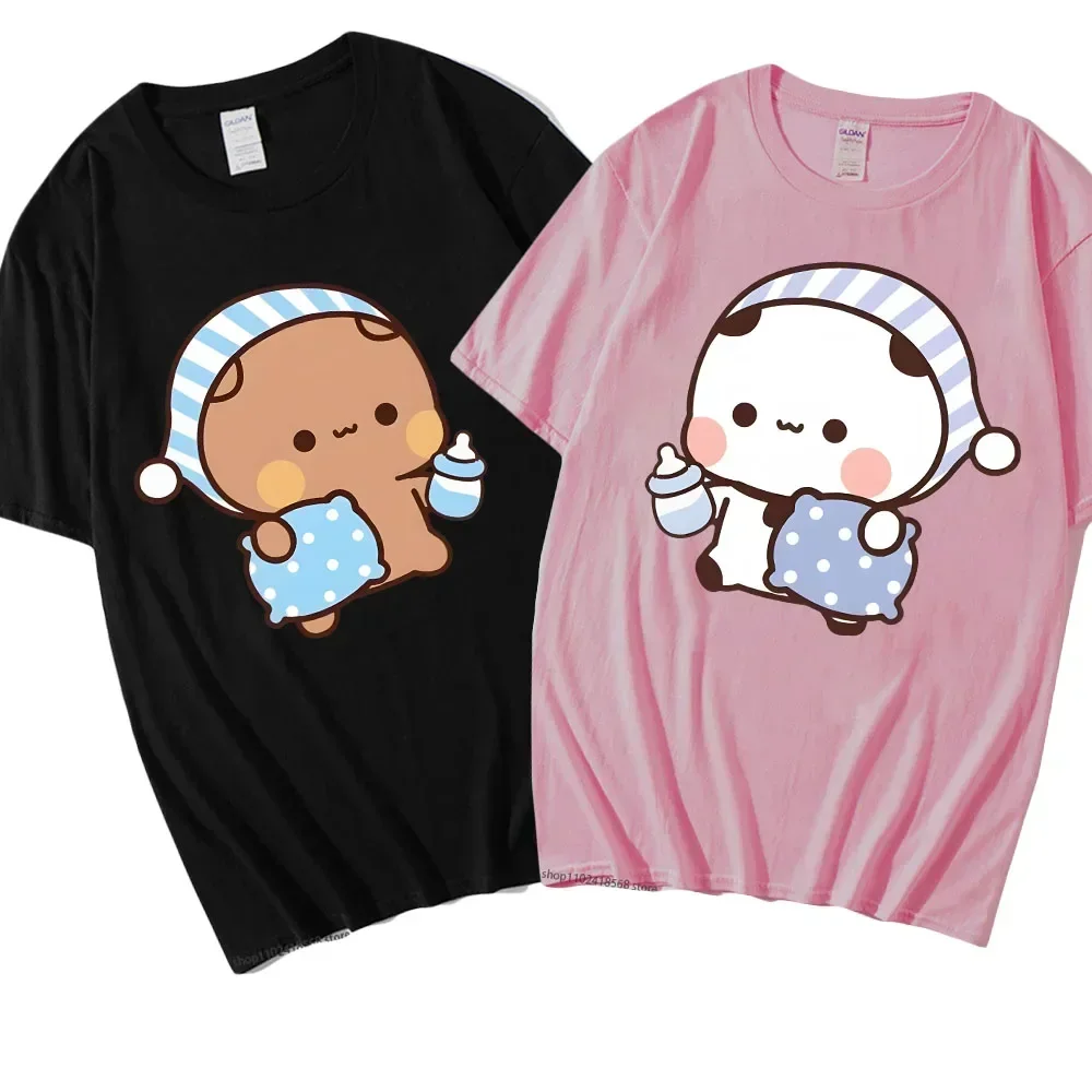 Couple Shirts Kawaii Cute BuBu Panda Going To Sleep with DuDu Bear Graphic Tshirt Cotton Men Women Clothes Long Sleeve Tees