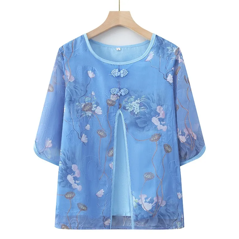 Women Spring Summer Style Blouses Fake Two Pieces Shirt Lady Casual Half Sleeve Positioning flower Blusas Tops