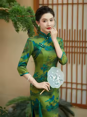 2026 chinese vintage qipao dress mandarin collar improved cheongsam national flower print evening banquet qipao folk dress qipao