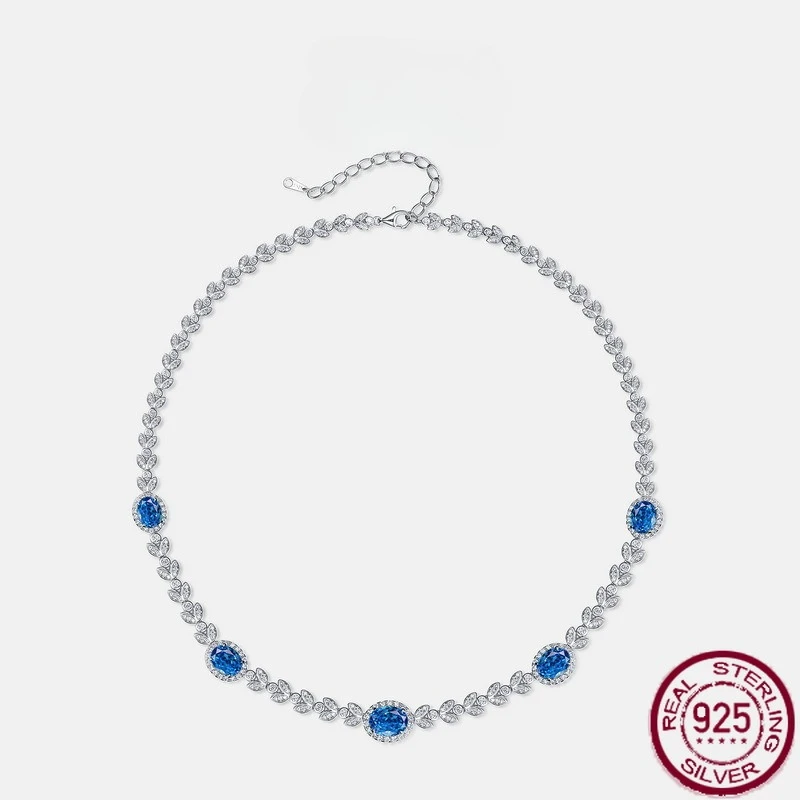 

New S925 pure silver red gemstone blue gemstone necklace, fashionable European and American style wedding jewelry
