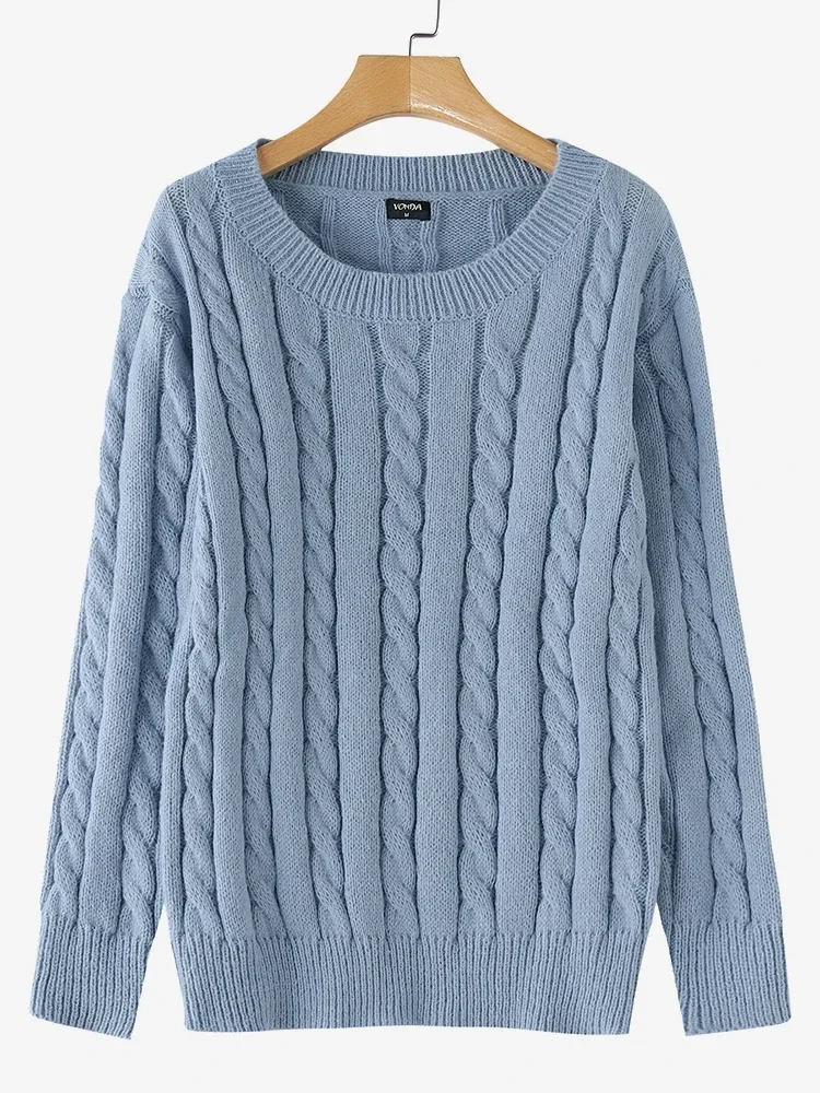 

2024 VONDA вязаные свитера с длинными рукавами, осенние повседневные однотонные теплые пуловеры с круглым вырезом, джемперы для поездок на работу или праздник и отдых