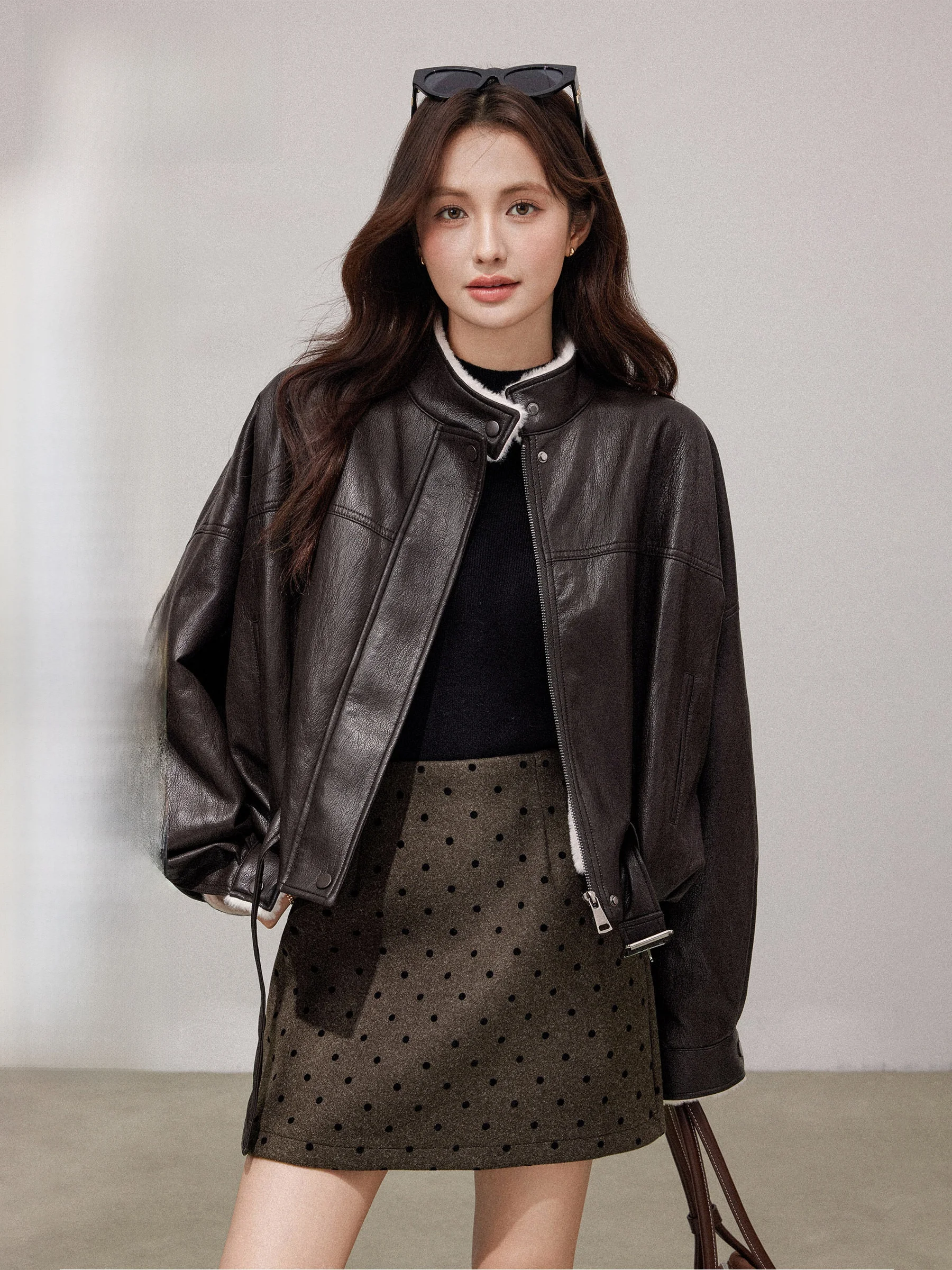 

Fur Lined Biker Jaet Women's ort Sle Warmth Vintage Stand Collar Leather Coat Outerwear Autumn Winter Faion