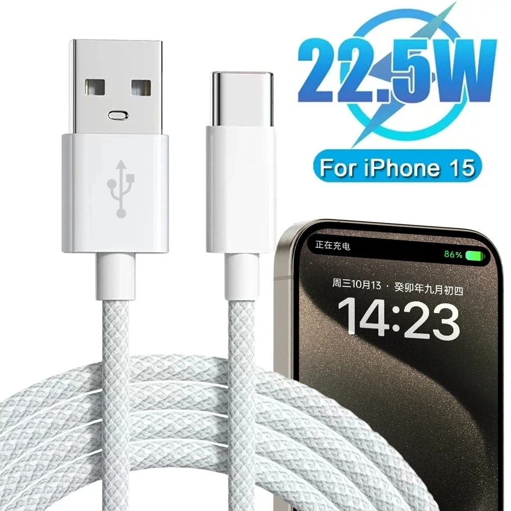 Kabel pengisi daya cepat, untuk iPhone 15/15 Pro/15 Pro Max/15 Plus kabel Carplay USB C ponsel pengisian cepat kabel kepang nilon untuk bermain mobil