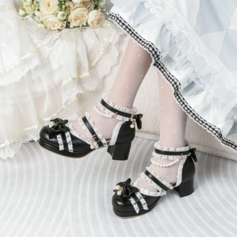 

Sweet Women's Low Heels Mary Jane Lolita Shoes Luxury Lace White Pink Heeled Party Wedding Office Dance Shoes Female 2025 Summer
