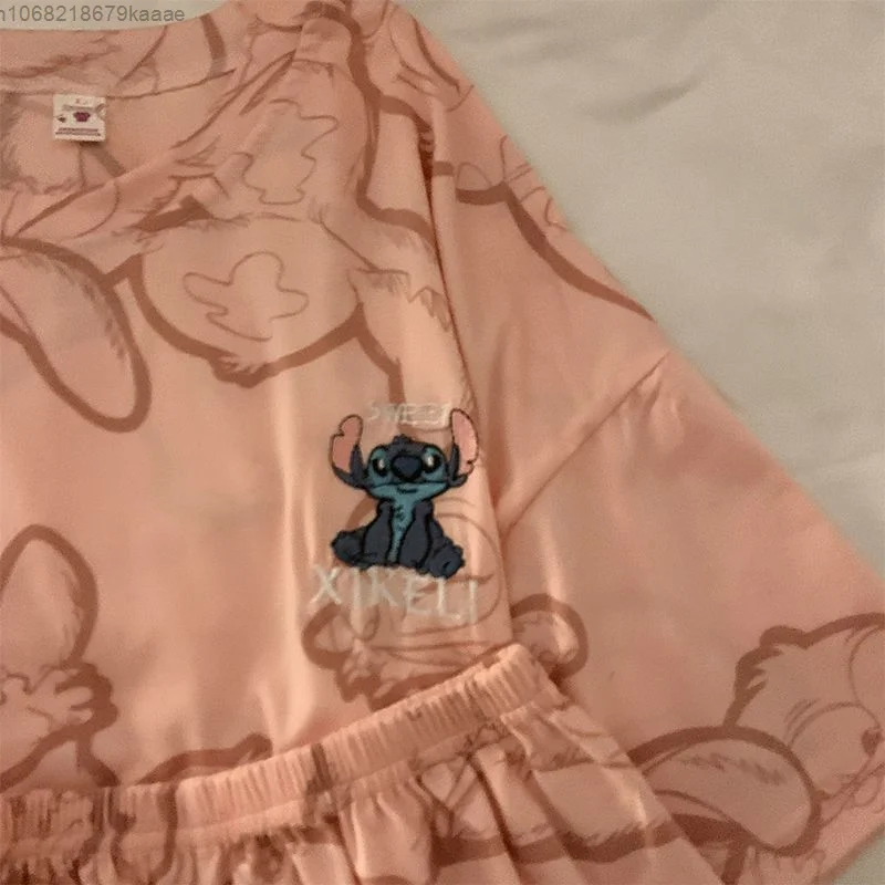 Disney Cartoon Stitch Summer Short Sleeve T-shirt Shorts Matching Pajamas Suit Women Sleepwear 2 Piece Set Y2k Cute Home Clothes