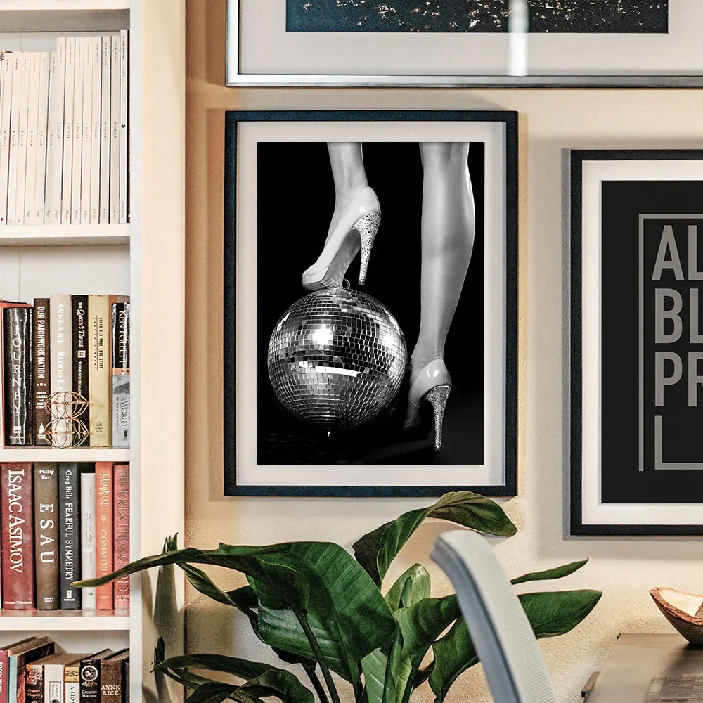 Black and White Fashion Poster Disco Ball Dancefloor Disco Party Prints Retro Wall Art Picture Canvas Painting Bar Room Decor