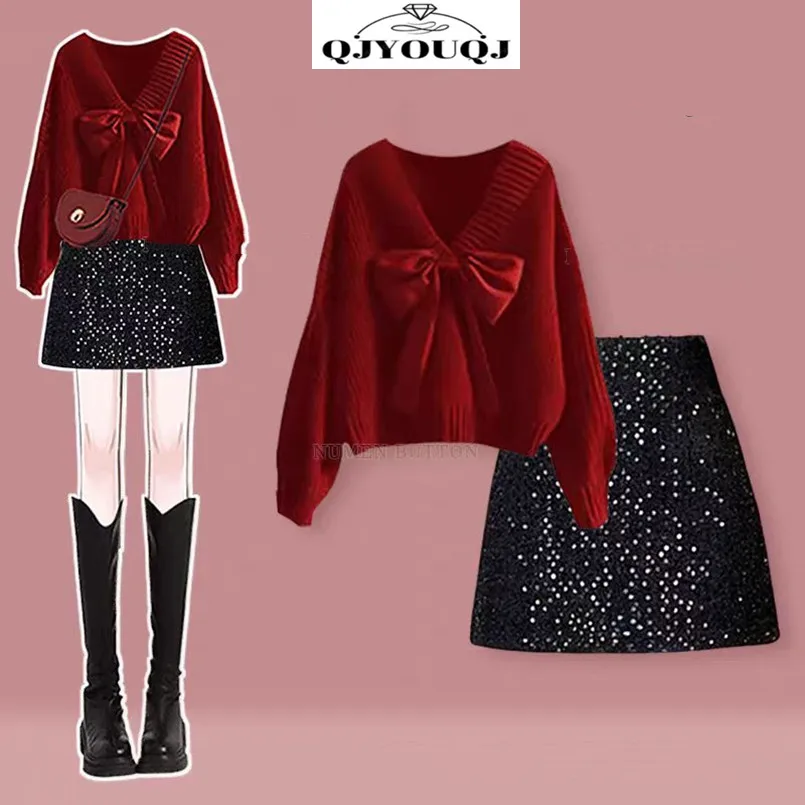 

Fashion Set Women's Autumn/Winter V-neck Red Knitted Sweater+Sparkling Short Skirt Two Piece Set