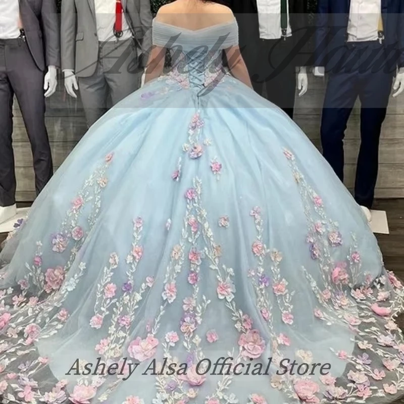 Maßgeschneiderte elegante hellblaue Quinceanera-Kleider für 15- bis 16-jährige Mädchen, Blumenapplikation, bauschiger Rock, Damen-Abschlussball-Partykleid 2025