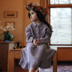 Autumn New Retro Girl Dress 100% Cotton Baby Girls Turn-down Collar Button Ruffle Long Sleeve Dresses Casual Kids Clothes TZ80