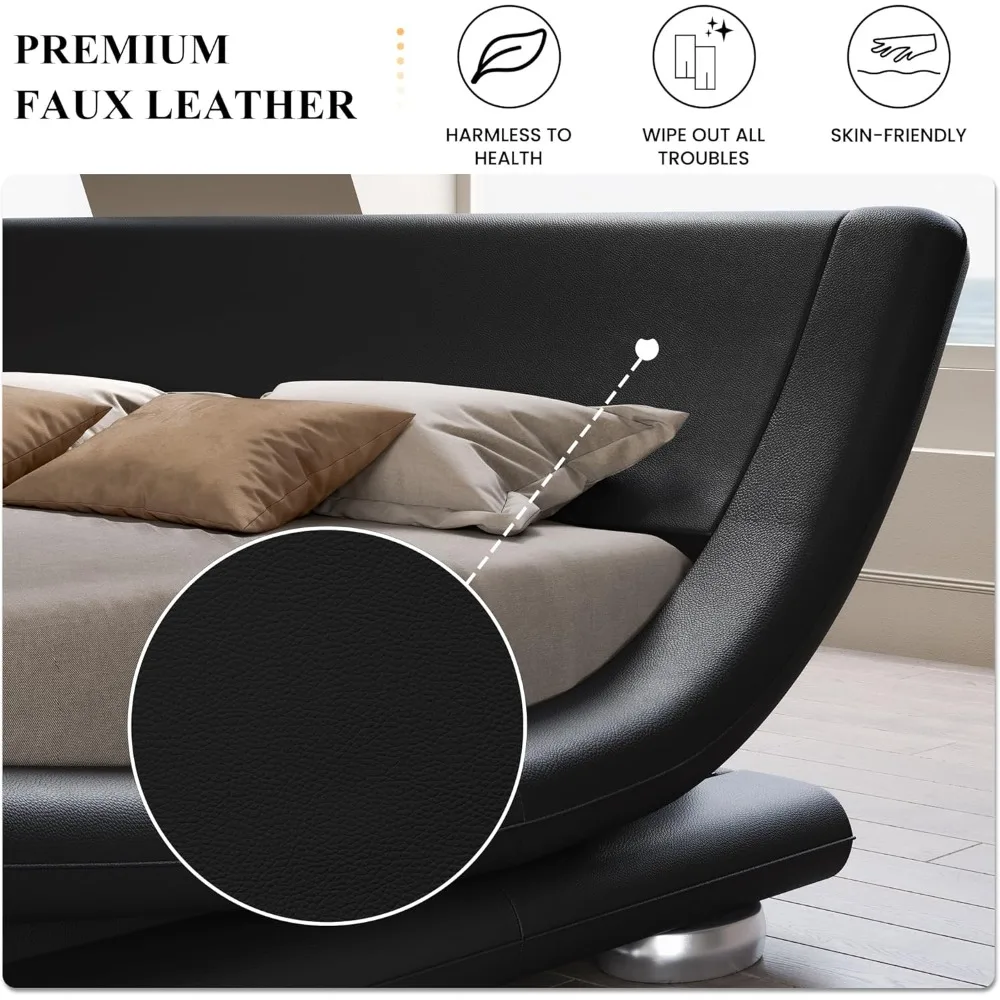 هيكل سرير، سرير مزلق منخفض المستوى مع لوح رأسي مريح من الجلد الصناعي، لا حاجة إلى صندوق زنبركي سهل التجميع،