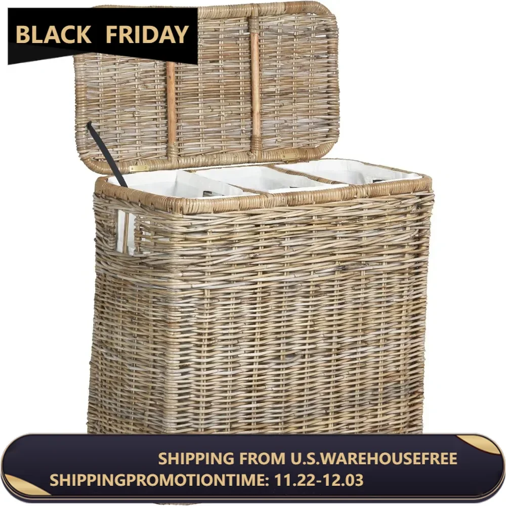 3-Compartment Wicker Laundry Sorter Hamper, 30 in L x 15 in W x 28 in H