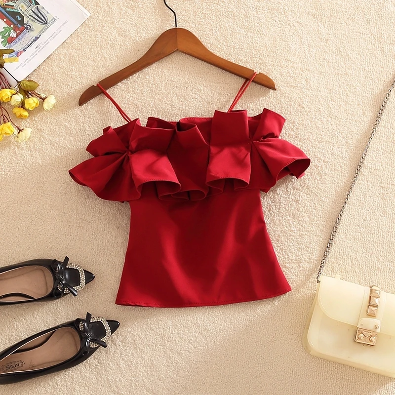 

Летние женские блузки на тонких бретельках с оборками, сексуальные блузки с вырезом на шее, женские тонкие рубашки с открытой спиной и короткими рукавами, однотонные короткие топы