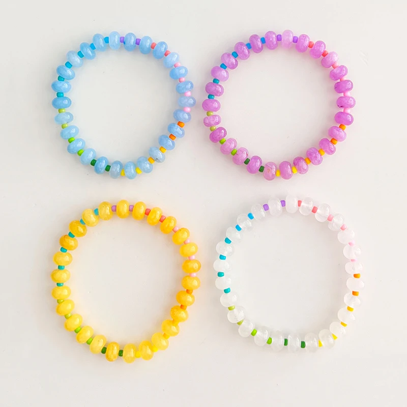 Bracelets de perles de charbon naturel nickel é arc-en-ciel pour femme, verre coloré, perles de riz, bracelet extensible, bijoux d'été