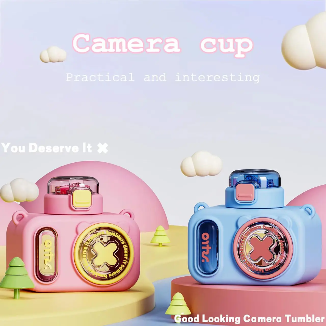 Summer Bright Color Children's Camera Cup,Cute Anti Drop High Temperature Resistant Plastic Straw Cup,Anti Drop Crossbody Kettle