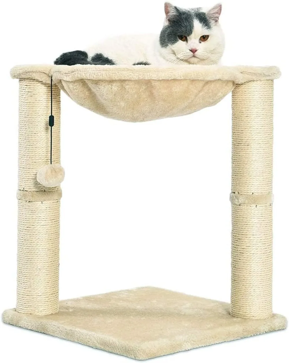 

Cat Tower: Hammock Bed, Scratch Post, Easy Assemble, Plush, Ball Toy, Durable Sisal, 15.8"x15.8"x19.7", Beige