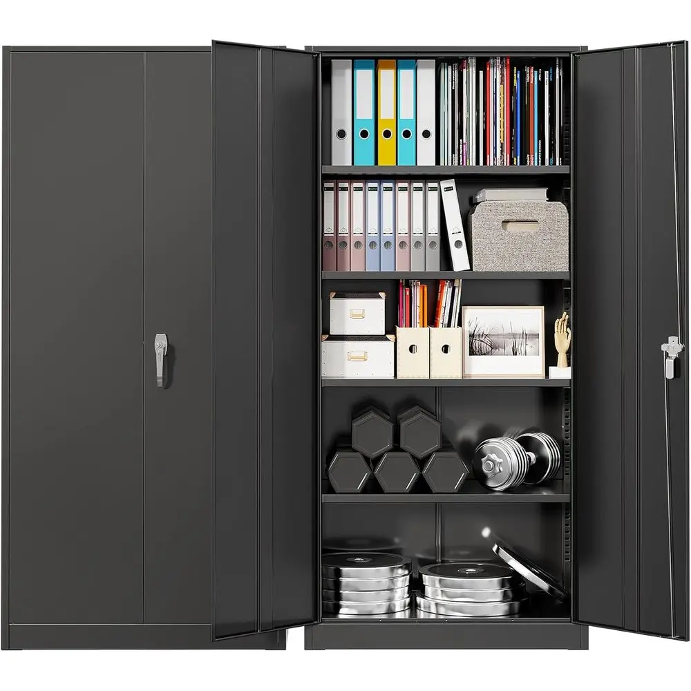 

71 Tall Black Lockable Metal Storage Cabinet with 2 Doors & 4 Adjustable Shelves for Garage, Office, Home, School, Gym