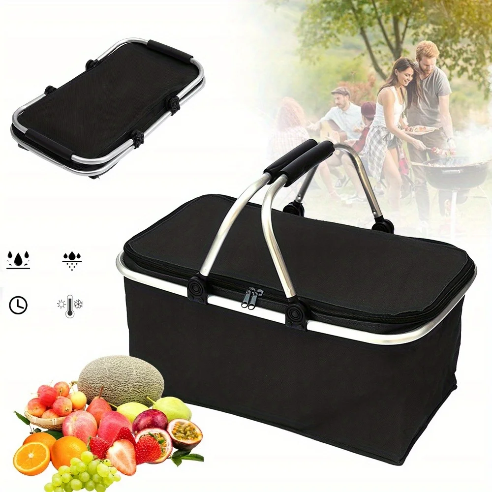Panier de pique-nique isotherme pliable avec poignée, sac isotherme pliable anti-fuite, panier de rangement pour pique-nique, livraison de repas, plats à emporter, courses au marché, voyages
