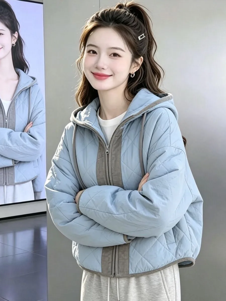 Korean Style Unique Color Block Hooded Cotton Jacket Women's Autumn Winter Fashion Small Size Loose Stylish Lightweight Cotto...
