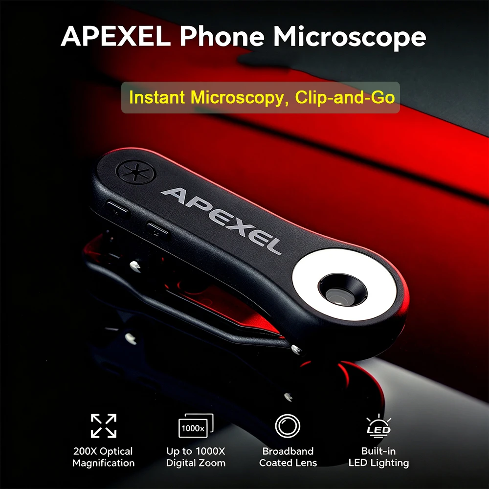 APEXEL 200X Оптический микроскоп для телефона с креплением-клипсой, мини-лупа с LED-подсветкой для мгновенной микроскопической съемки на смартфоне.