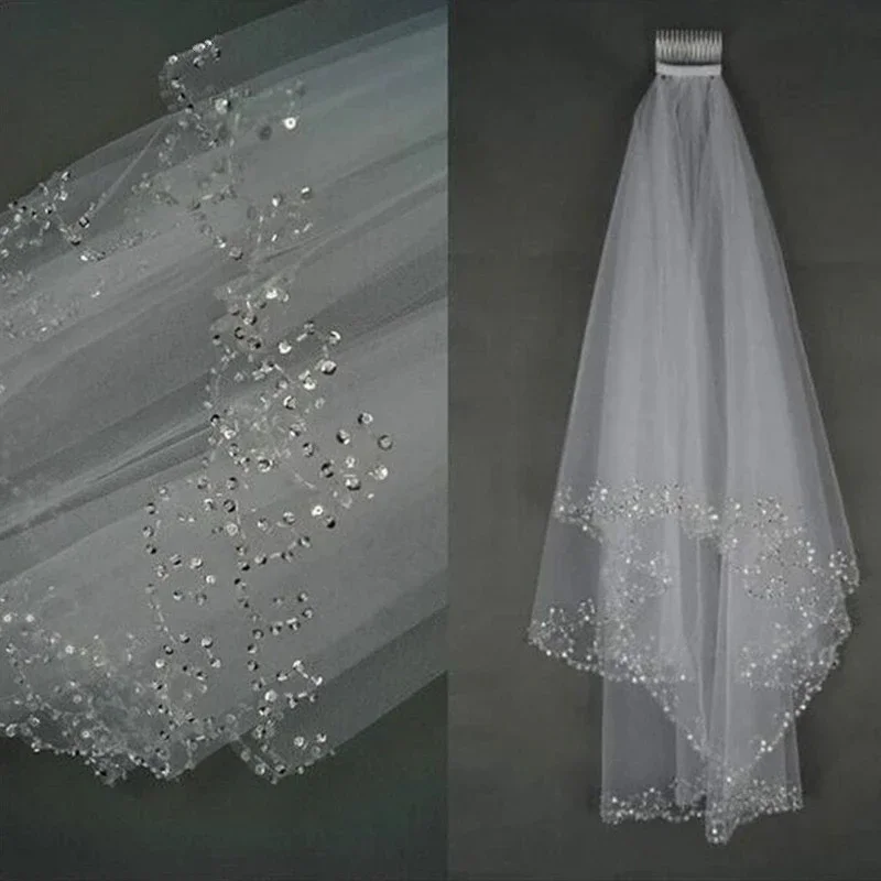 

White or Ivory Short 2 Layer Wedding Veil with Comb Bride Crystal Bridal Veils 2022