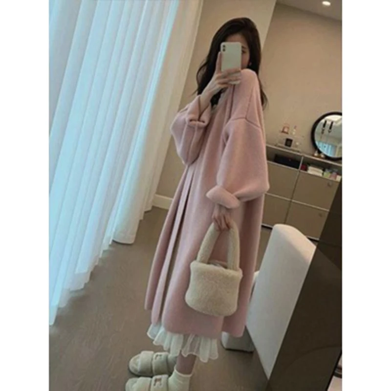 Gidyq Korean Women Knitted Sweater Fashion Elegant Loose Midi Jacket Winter Casual Female All Match Cardigan Outwear New