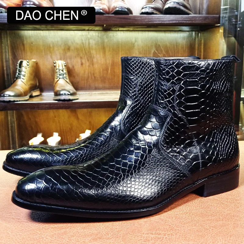 LUXURY MEN BOOTS BLACK COFFEE SNAKE PRINT ZIP ANKLE BOOTS CASUAL MENS DRESS SHOES WEDDING OFFICE REAL LEATHER BOOTS MEN