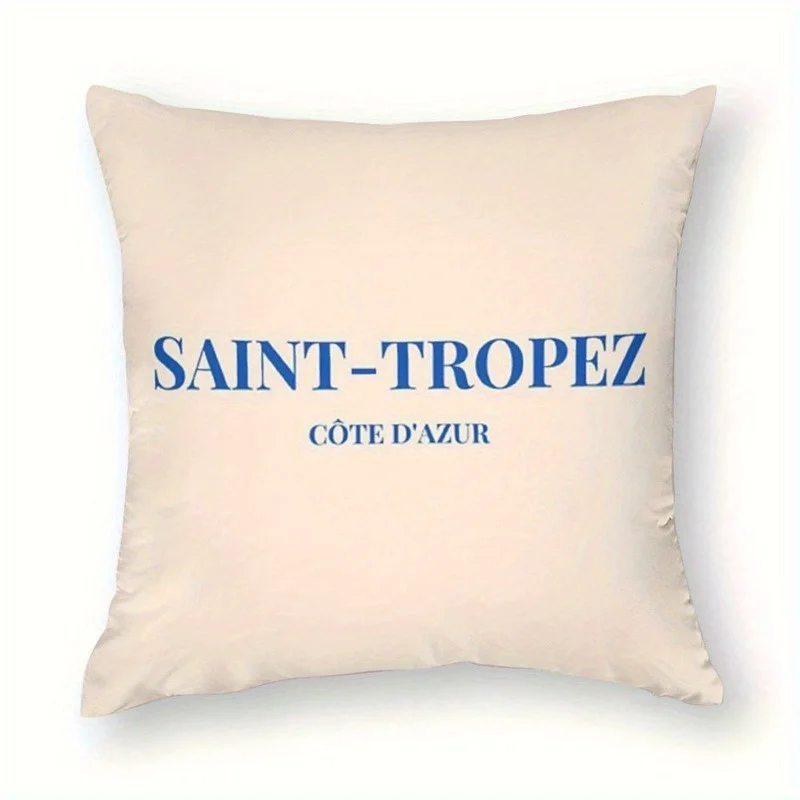 Saint-Tropez Pillow Cover French Riviera Text Art Decorative Cushion Case  18x18 Inch, Zippered Machine Washable for Living Room