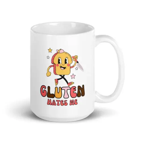 Gluten Hates Me Knife Pink Large White glossy mug