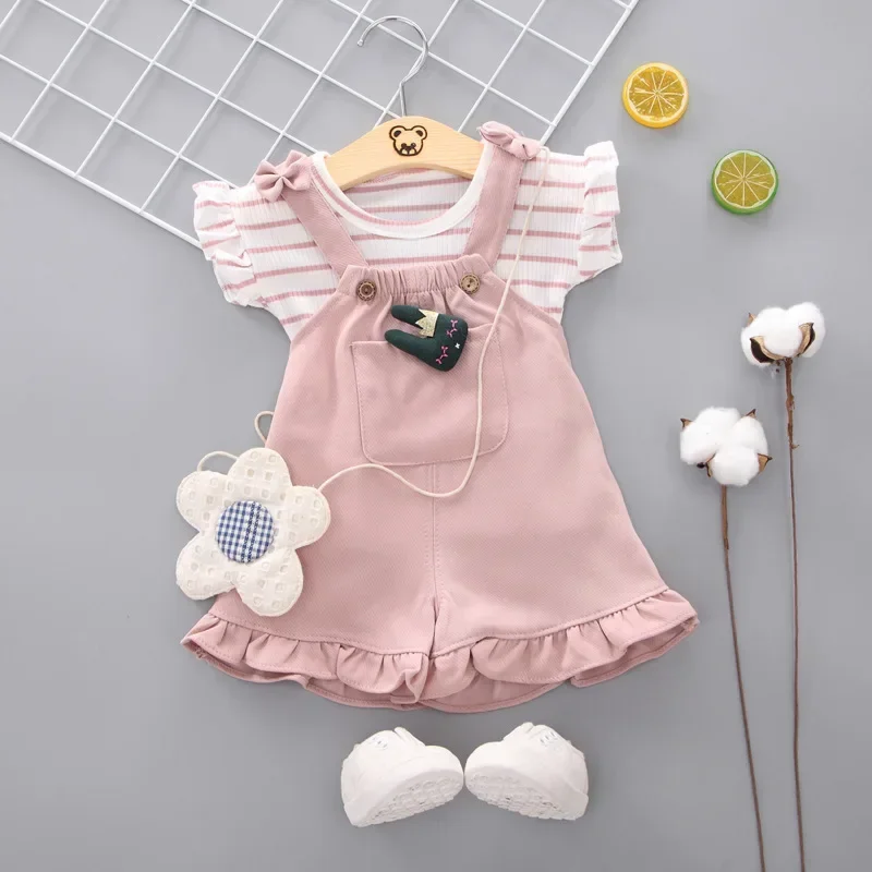 Summer Children Clothing Baby Cute Girls Casual T-Shirts Bib Shorts 2Pcs/Set Toddler Cartoon Fashion Cotton Infant Clothes Suit