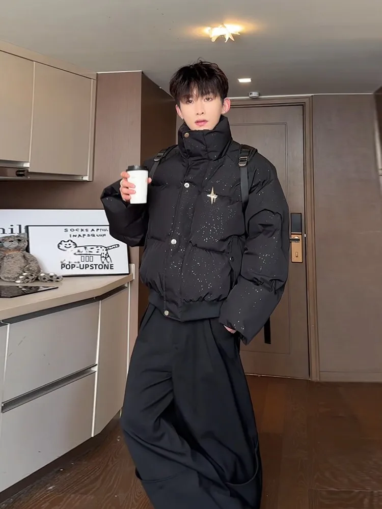 

Thiened American Bla down Cotton Jaet Men's Winter High Street Coat Star Couple Collar Stand up Bread Sle Coat