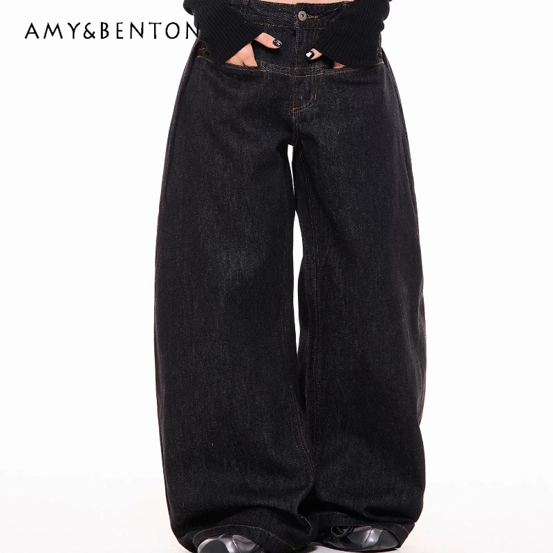 

American Retro Design Black Women's Jeans 2025 Autumn New Sweet Cool Loose Versatile Slimming Wide-Leg Trousers Ladies