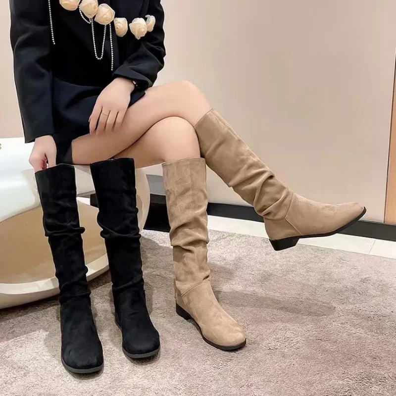 Pleated Boots Women Faux Suede Flock Knee High Boots 2024 Winter Women Fashion Slip on Square Low Heel Knight Booties Mujer 202