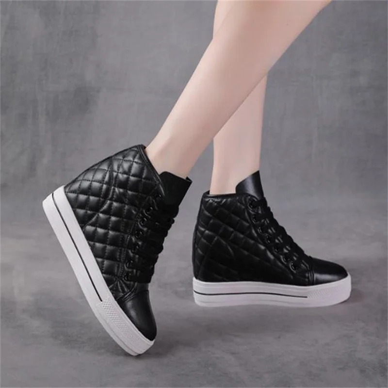 8cm Genuine Leather Women\'s White Shoes Platform Sneakers Spring autumn Fashion Women Black Increase Casual Vulcanized shoes 39