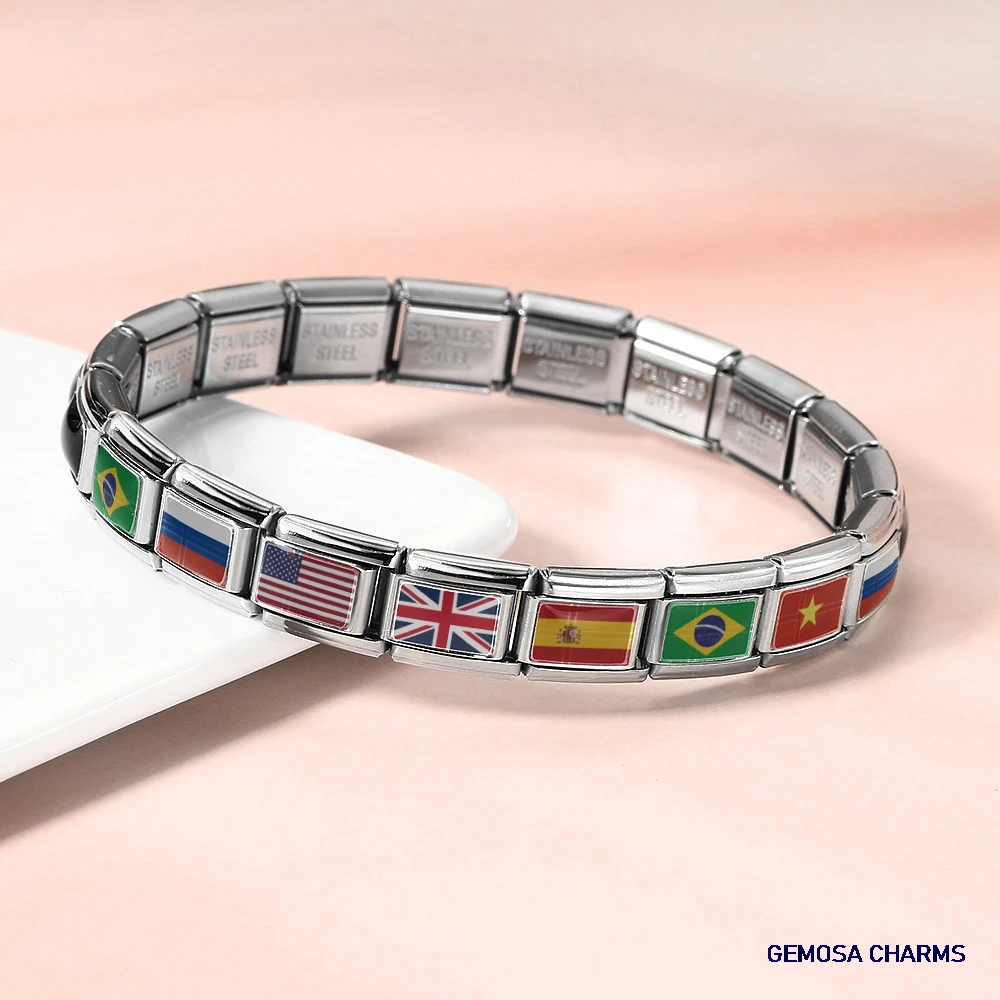 GEMOSA Fashion World National Flag Italian Charm Link Fit 9mm Bracelet Stainless Steel Bangle Making Beads DIY Jewelry