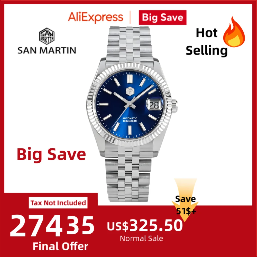 

San Martin Watch For Men Mechanical Watches Waterproof 36.5mm Wristwatch Luxury Automatic Date Sapphire Glass Lume 10Bar SN0058x