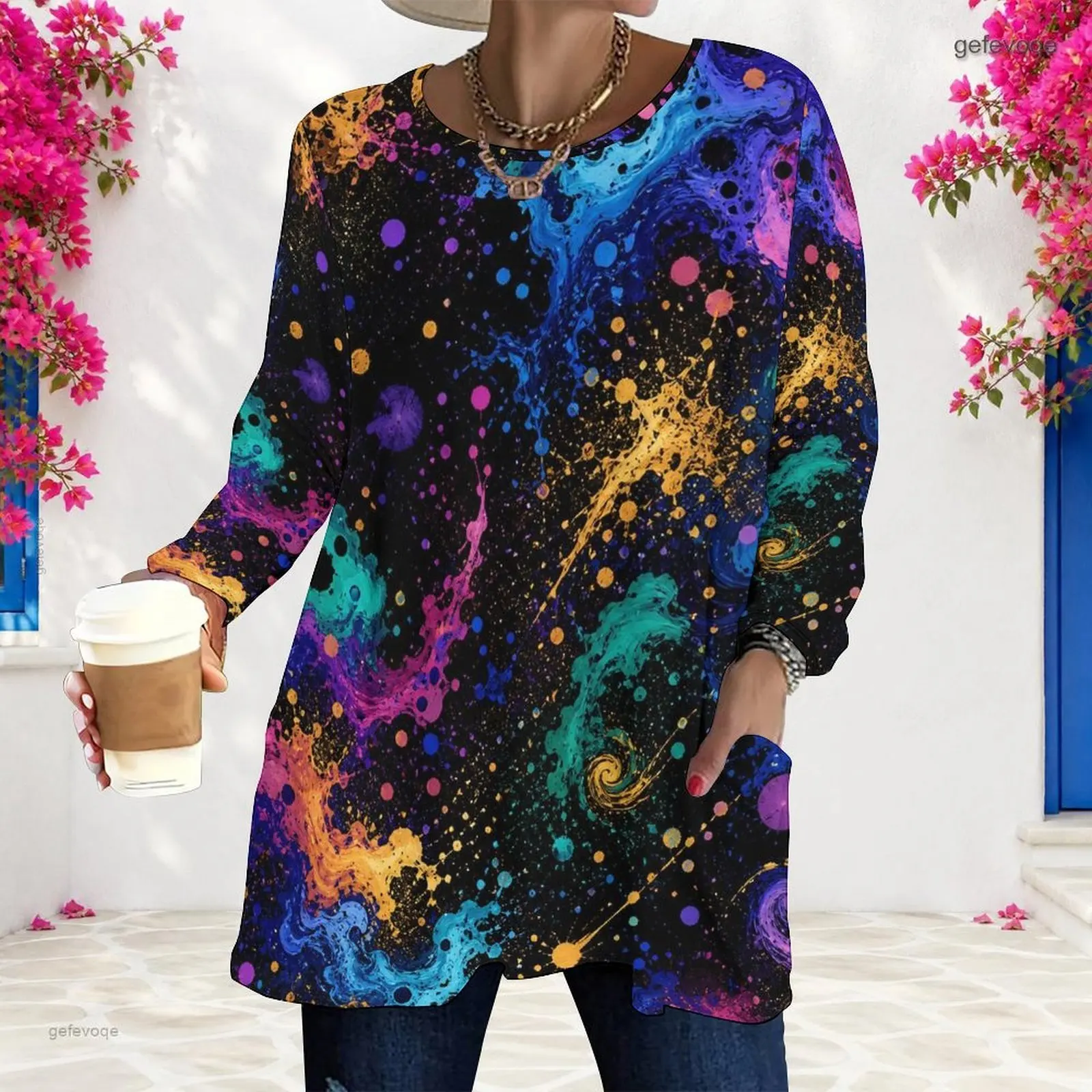 Women Cosmic Marble Splatter Print Round Neck Long Sleeve Loose Top with Pockets