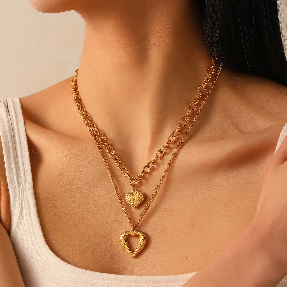 

Vnox Minimalist Double-layer Textured Openwork Heart Pendant Necklace, Romantic Love Heart Bride Wedding Choker Chains Jewelry