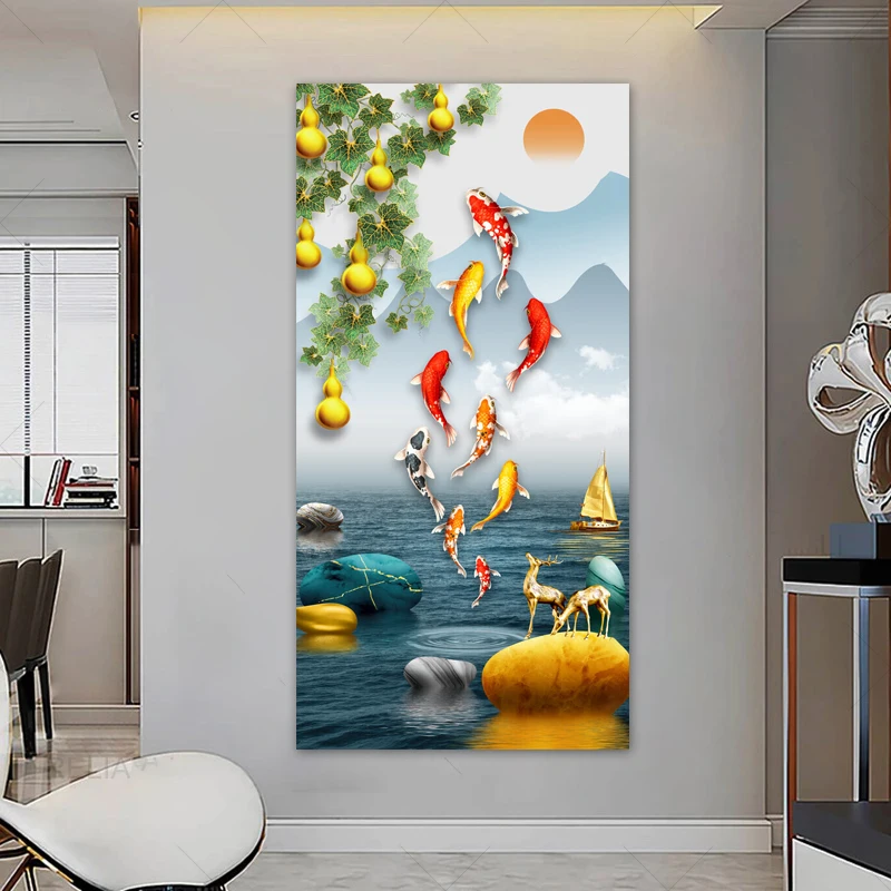 Abstract Fish Koi Posters Modern Home Decoration Stone Boat Canvas Prints Animal Painting Wall Picture for Living Room No Frame