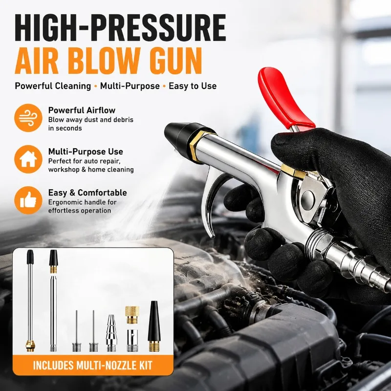 Pneumatic Air Blow Gun Kit Multi Size Replacement Nozzles High Pressure Air Duster Cleaner Automotive Repair Household Dust