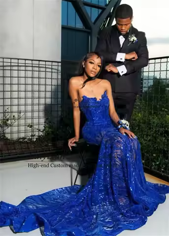 Glitter Sequin Lace Mermaid Prom Dress Diamond Crystals Evening Mixi Gown Customized 3D Floars Aso Ebi Long Wedding Party Dress