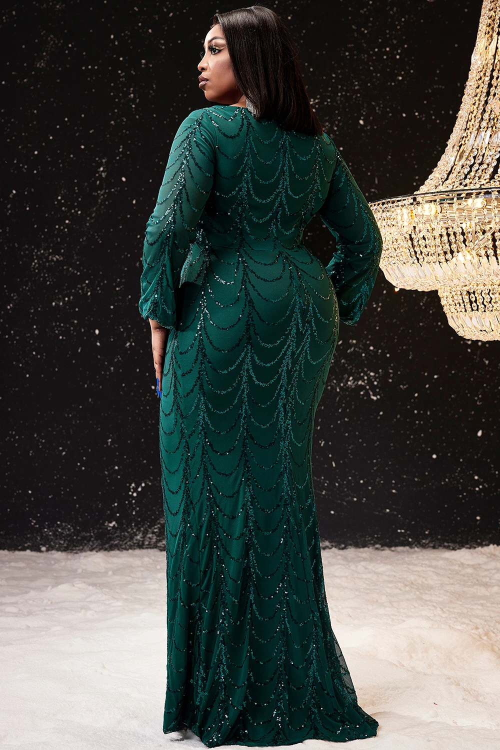 Women's Elegant Plus Size Evening Dress Green Round Neck Long Sleeve Glitter Sequins  Cocktail Wedding Guest Mermaid Maxi Dress