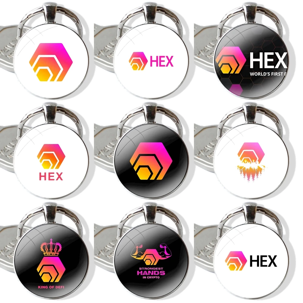 Keychain Handmade Glass Cabochon Key Ring Holder Pendant Key Chains Hex Crypto Hexagon Logo