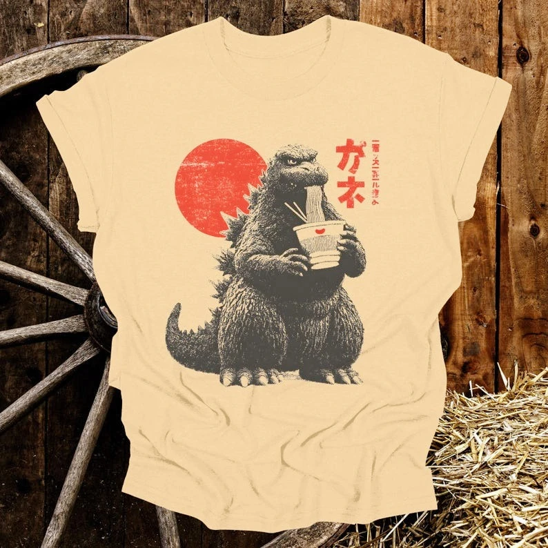 Funny Godzilla Vintage Print Cotton Short Sleeve T-Shirt Men Women Clothes Summer Short-Sleeve Casual Japanese Food Lover Gift - view 3