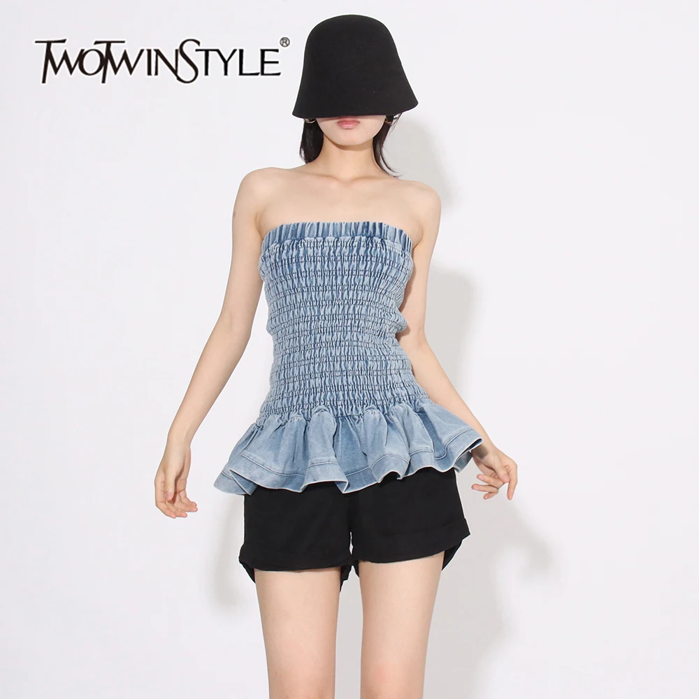 TWOTWINSTYLE Solid Spliced Ruffles Demin Dresses For Women Slash Neck Sleeveless High Waist Slimming Chic Dress Female Fashion